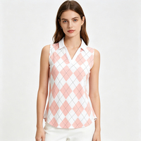 Nieuwe collectie mouwloze vochtregulerende tennis- en golf poloshirts, op maat gemaakte Argyle-print, sportieve ribgebreide poloshirts voor dames