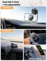 Chargeur de voiture sans fil magnétique 15W à charge rapide, double port USB-C, rotatif à 360°, fixation solide par ventouse pour tableau de bord et pare-brise