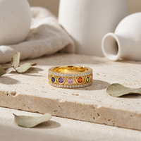 ZG Vintage Bunter Zirkon Breiter Ring Vergoldet Statement-Ring mit Gewelltem Rand für Partys