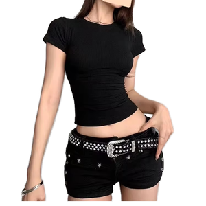 Camiseta Corta Clásica Estilo Raglán para Mujer, Tejido Suave RetroFit, Rayas, Corte Ajustado, Estilo Urbano Minimalista, Casual para el Día a Día - Product Image 1