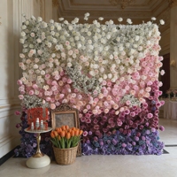 Dekorasi Pernikahan Bunga Sutra Buatan Dinding Latar Belakang Jaring Warna Sesuai Pesanan Kartu Punch Mawar Hydrangea 2.4x2.4m Gaya Modern