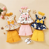 Girls Summer Clothing Floral Sling <strong>Top</strong> with <strong>Bows</strong>+Lace Shorts+Waistband 3Pcs Wholesale Kids Clothes Little Girl Clothes Boutique