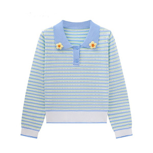 Women's Striped Knit <b>Cardigan</b> With Flower Embroidery Slim Fit Full Sleeve Autumn Wear - Product Image 1
