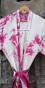 Women's <b>Pink</b> Tie Dye Full Length Robe V-Neck Three Quarter Sleeve Soft Woven Cotton Casual Sleepwear - Product Image 5