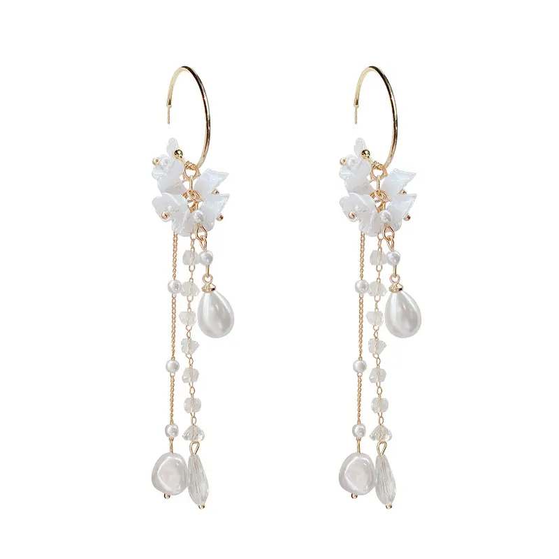 Delicate Jewelry Flower Long Tassel Earrings Pretty Design Simulated Pearl Drop Earrings for Sweet Jewelry Women