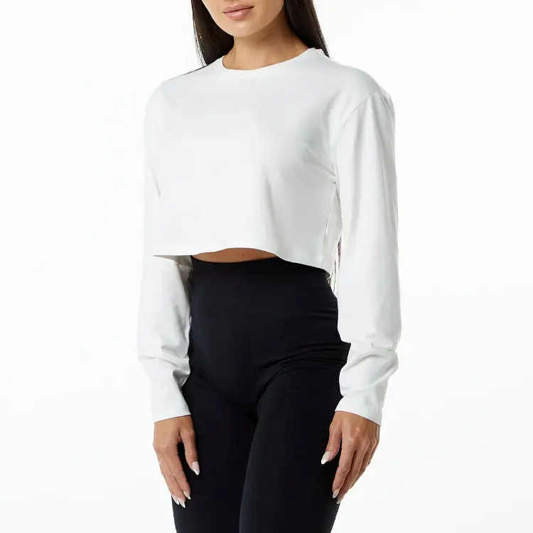 OEM & Odm Plain 100% algodón Mujer manga larga Crop Fitness camiseta deporte Top