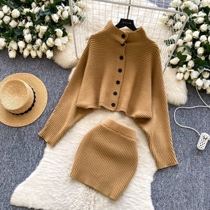 Set da donna 2 pezzi in maglia <span class=keywords><strong>estetica</strong></span> da donna inverno manica corta monopetto Crop Top e gonna aderente - Product Image 5