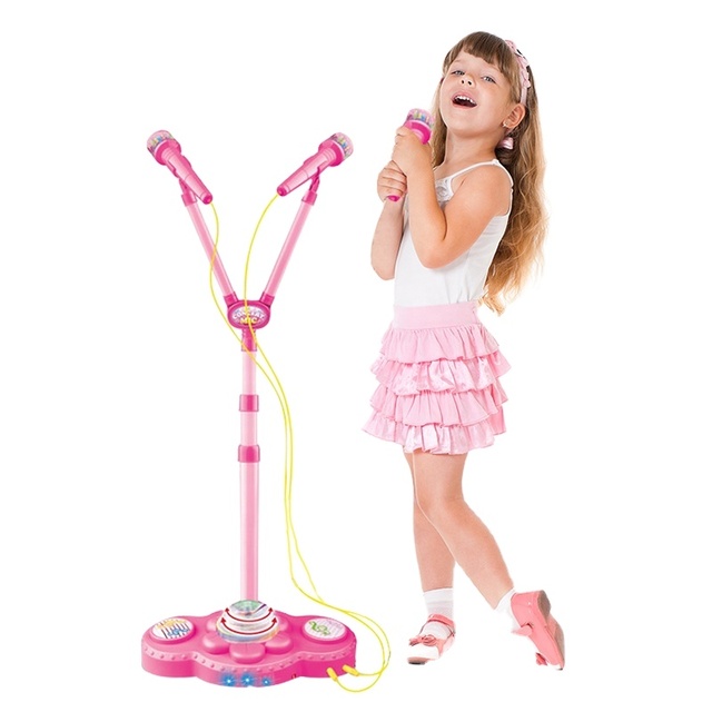 Kids Early Education Musical Instrument Stage Lighting Dual Microphone Connect Mp3 and Phone Kids Microphone With Stand