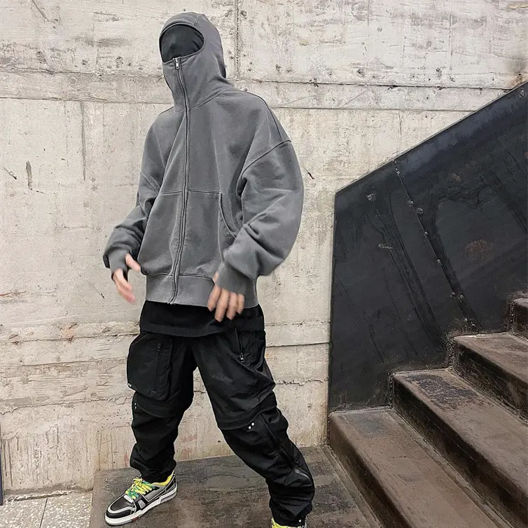 Ninja Zip Cardigan Hooded Sweatshirt Men's Vibe Style Washed and Distressed Jackets