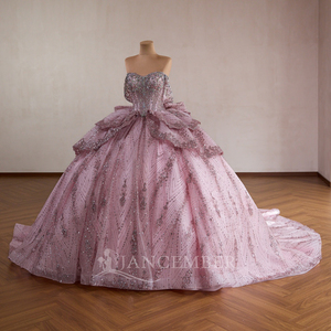 261059 ชุดราตรีสีชมพูปักลายออร์แกนซ่าแบบเปิดไหล่ คอรูปหัวใจ แต่งระบาย - Product Image 2