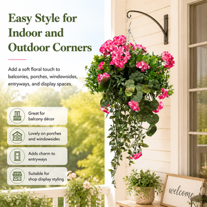 Cesta Colgante con <span class=keywords><strong>Geranios</strong></span> Artificiales Blancos, Arreglo Floral con Hojas Verdes Largas, Decoración Ecológica para Balcón, Jardín, Hotel - Product Image 5