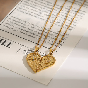 Collana Creativa Romantica in Oro 18K con Diamanti, Cuore di Bambù per Coppie, Stella e <span class=keywords><strong>Luna</strong></span> in Acciaio Inossidabile Impermeabile per San Valentino - Product Image 4