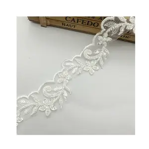 Hot selling Beaded sequin lace trim Beautiful polyester embroidery sequins beaded lace trims for sewing dress