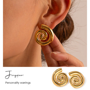 Spiral <b>Titanium</b> Steel <b>Stud</b> Earrings 18K Gold Plated Geometric Design For Women Fashionable Unique Minimalist Jewelry - Product Image 2