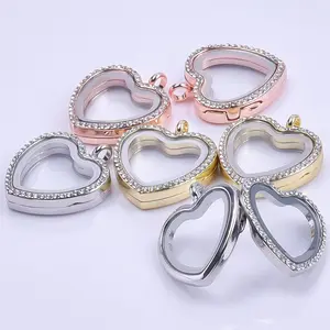 Openable Foldable Jewelry Custom Glass Zinc Alloy Heart Shape Blank Photo Locket Frame Pendant Floating Charms