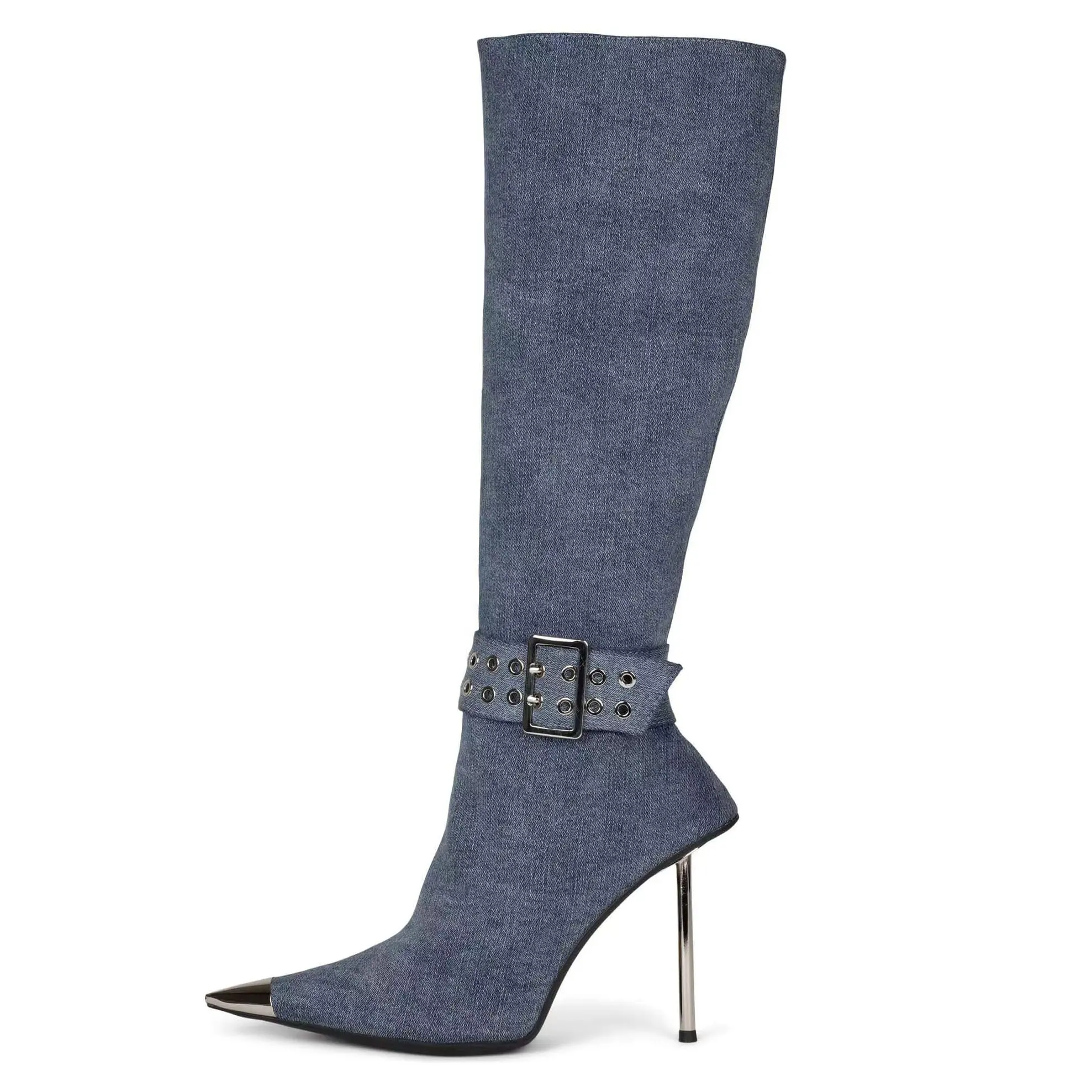 Blue Denim Boots ENMAYER Designer Pointy Toe Black Leather Ankle Boots Luxury Womens Boots