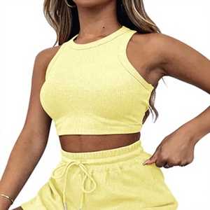 Ensemble 2 pièces côtelé respirant pour femme, col rond, crop top et short taille mi-haute, vente en gros, commande OEM, faible MOQ - Product Image 5