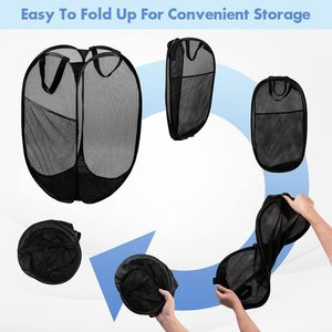 Panier à linge pliable en maille SINCERE Pop Hamper pour la maison et les voyages - Design gain de place - Panier de rangement en tissu noir pour vêtements - Product Image 5