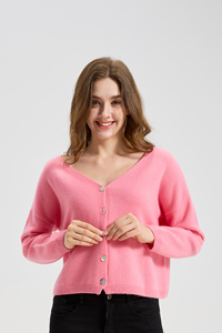 Cardigan en cachemire pur à 100 % pour femme, rose, col en V, tricoté, manches longues, coupe courte, décontracté, fermeture boutonnée, idéal pour l'automne - Product Image 4