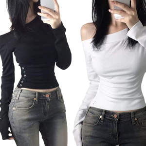 Top de Punto con Hombro Asimétrico de Moda para Mujer, Blusa de Manga Larga con Botones, Abertura Lateral, Transpirable y Elegante, Corta para Oficina Otoño - Product Image 2