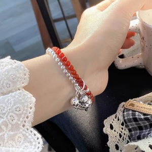 Pulsera de Plata de Ley S925 con Ágata Roja Natural, Diseño de Gato de la Suerte, Doble Capa, para Mujer, Uso Diario - Product Image 3