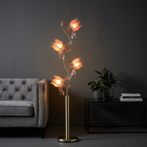 Lampe sur pied élégante à 4 têtes de lotus, lumière florale en résine, éclairage d'ambiance intérieur pour projets hôteliers, rénovation de maison - Product Image 1