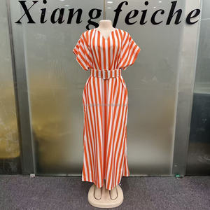 Nouvelle Robe Décontractée Femme 2026 à Rayures Verticales Rose et Blanches, Col en V, Manches Courtes, Ceinture Ajustable, Coupe Ample, Style Boubou Caftan Imprimé Africain - Product Image 3