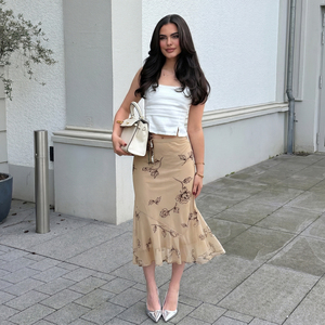 Rose Print <b>Split</b> Mesh Mermaid Midi <b>Skirt</b> Vintage French Romantic Elegant Flattering Classic Fish Tail <b>Skirt</b> - Product Image 2