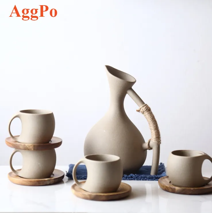 Teko Air Tanah Liat, Set Mug Kendi Air Dekoratif dengan Nampan Cangkir Bambu untuk Jus dan Es Teh