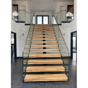 China staircase manufacturers modern design oak and glass staircase double sides glass railing indoor stairs