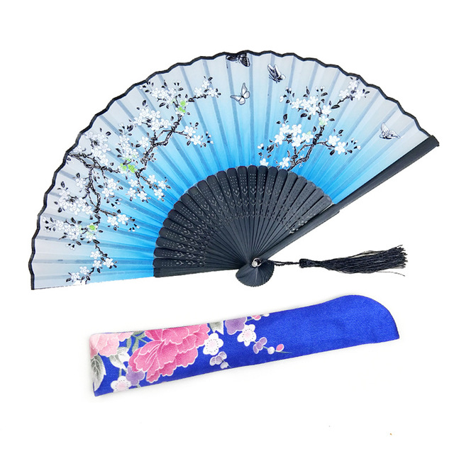 [I AM YOUR FANS] Hot Selling Folk Craft Japanese Bamboo Folding Fan Sakura&butterfly Silk Hand Fans With Pouch for Wedding