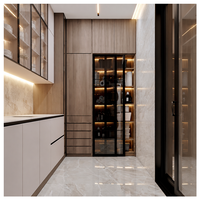 Meuble de cuisine moderne en verre à plan ouvert, vitrine en verre, placage de bois pré-découpé, cadre en métal noir