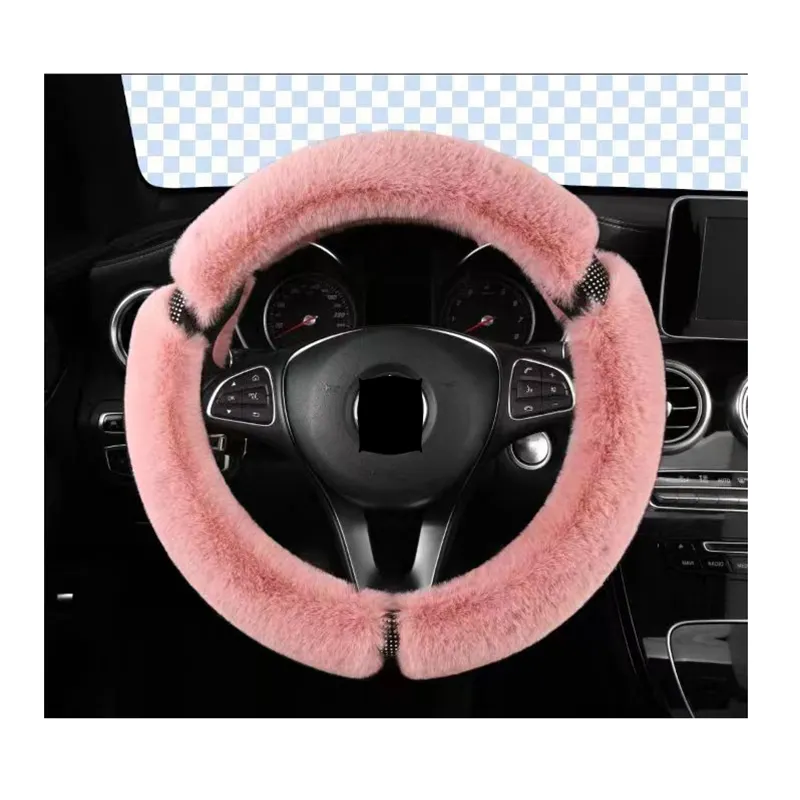 Pink Cute Plush Steering Wheel Covers with Diamond Warmer Drive Feeling Fur Cover Steering Wheel for Girls