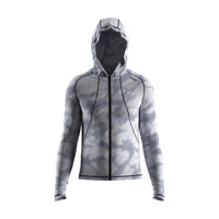 Rashguard pour homme avec capuche solaire intégrée, fermeture éclair intégrale, protection solaire, pour le surf et la natation, anti-humidité, blanc gris imprimé abstrait
