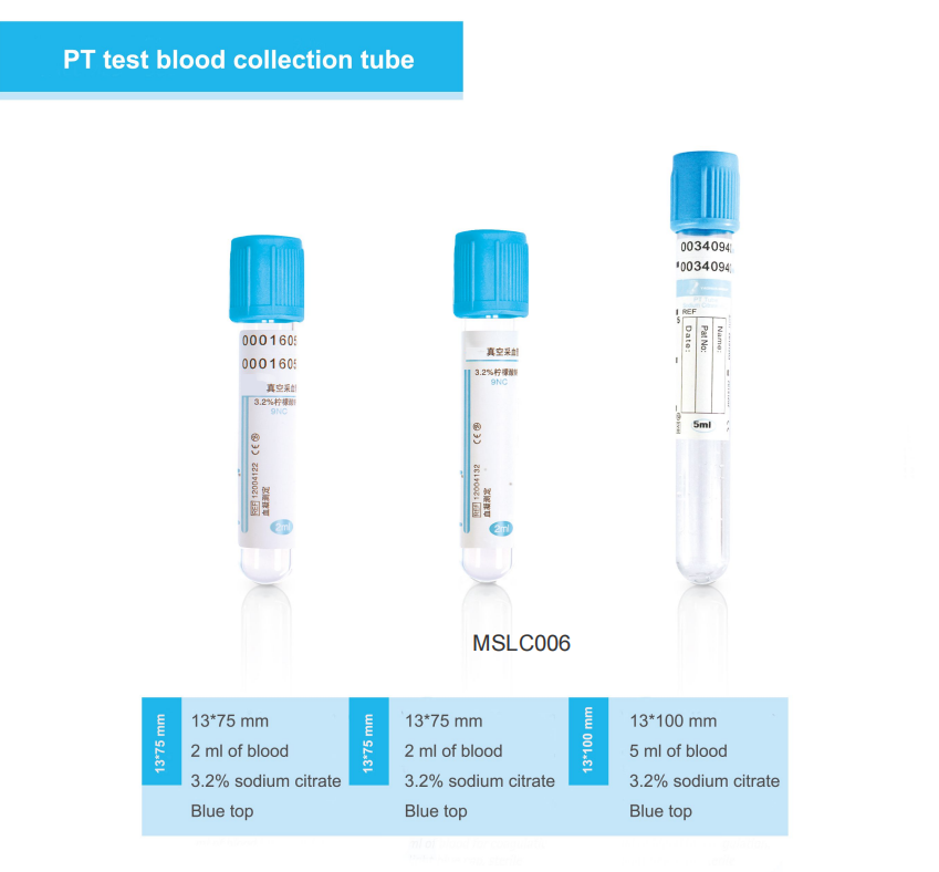 Tubo de colección de sangre de prueba PT de color azul de vidrio/PET para examen clínico