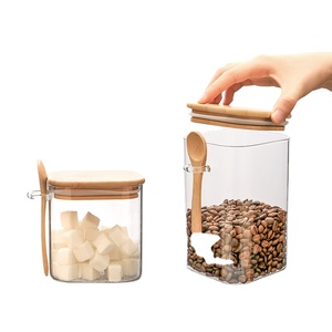 Kitchen food storage jar glass with bamboo lid airtight bamboo storage jar with spoon set