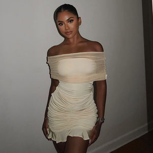 Vestido Mini Sexy Ajustado con Hombros Descubiertos y Detalles Fruncidos, Vestido Ajustado con Malla y Cintura Entallada para Mujer, Ideal para Fiestas y Discotecas - Product Image 4