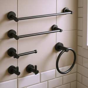 Wall Mount Bathroom Towel Rack Set Matte Black Zinc Alloy Modern Design 6 Piece Bath <b>Hardware</b> Collection - Product Image 2