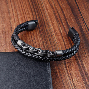 Braided Genuine <b>Leather</b> <b>Bracelet</b> & Antique Silver 316L Stainless Steel Chains & Magnetic Clasp | Vintage Style Men's Wristband - Product Image 4