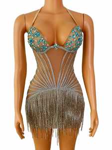 AD1193 Main Cristal Scène De Danse Porte Scintillant Argent Corps Chaîne Strass Fringe Tassel Robe Body - Product Image 5