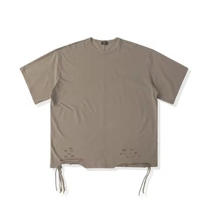 High Street Drop Shoulder Cut Man Ripped Knitted Tshirt <b>Hemp</b> Cotton <b>Fabrics</b> Oversized Acid Vintage Washed Edging - Product Image 4