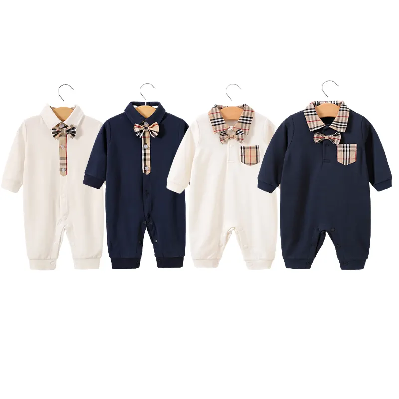 Wholesale Casual Newborn Baby Boy Romper Onesie Turn Down Collar Cotton long-sleeved Baby clothing