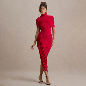 Vestido Largo Asimétrico de Cuello Alto para Mujer, Cintura Natural, Color Sólido, Cómodo para la Noche, Estilo para Citas - Product Image 3