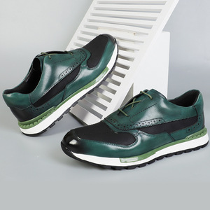 Men's Genuine Leather Walking Shoes <b>Round</b> Toe Low Heel <b>Cushioned</b> Rubber Outsole Mixed Colors Patchwork Design - Product Image 2
