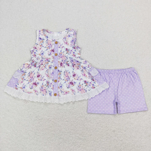 Ensemble 2 pièces d'été pour filles : Hauts tunique sans manches à imprimé fleurs et citrons avec poches et shorts à volants pour enfants - Product Image 2