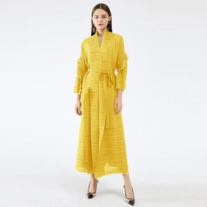 Vestido largo plisado Miyake 2025 con mangas de pétalo, cárdigan con solapa, fajas, talla grande, vestido largo verde, ropa estética para mujer 2021 - Product Image 5