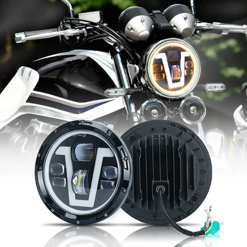 Système d'éclairage de moto OVOVS Design unique en forme de "V" DRL Amber Halo Ring 7 Inch Round LED Phares pour Harley Davison