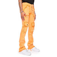 LILUO Nouveau Design Orange Solid Color Designer Denim Jeans Skinny Multi Pocket Top Quality Flared Stacked Jeans Men