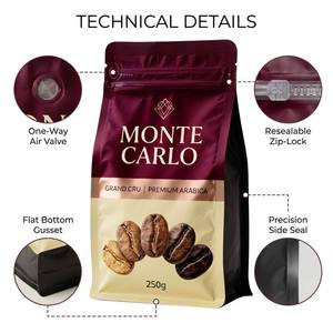 Sacs à café à fond plat refermables de qualité alimentaire avec logo personnalisé, imprimés sur mesure pour les grains torréfiés, emballage de 250 g, 500 g, 1 kg - Product Image 2