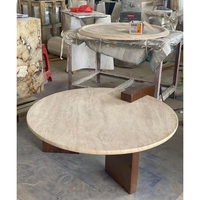 Table basse en travertin haut de gamme, surface en pierre naturelle ronde, base en bois, table basse de luxe pour espaces de vie